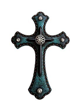 Decorative Wall Cross With Embellished Rhinestones & Turquoise Floral Pattern 7.